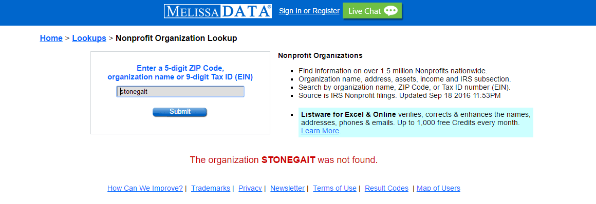No results on MelissaData.