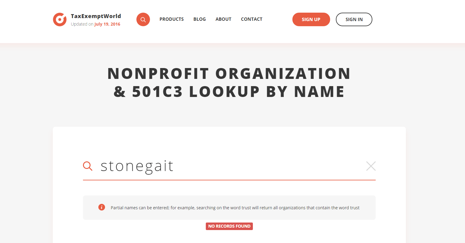 Searching for Stonegait on TaxExemptWorld returned 0 results.