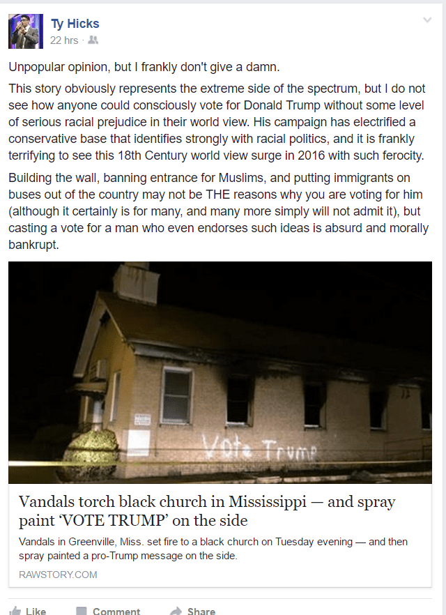 Ty Hicks, National Field Director for Young Americans for Liberty (YAL), employing the "everyone I don't like is racist" argument.
